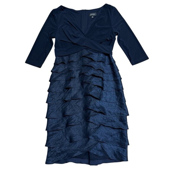 ADRIANNA PAPELL DRESS RUFFLE V-NECK FEMININE SIZE 10 NAVY BLUE 3/4 SLEEVE FORMAL - Picture 1 of 7